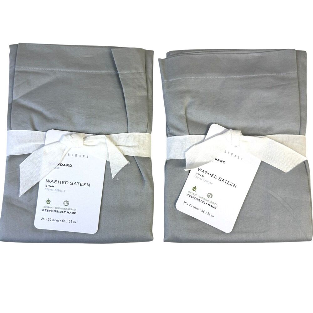 Pottery Barn Washed Cotton Sateen Standard Sham Set Grey 400 Thread Count NEW
